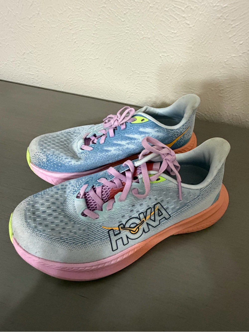 Hoka Mach 6 Running Shoes — Light Blue with Pink & Peach Accents